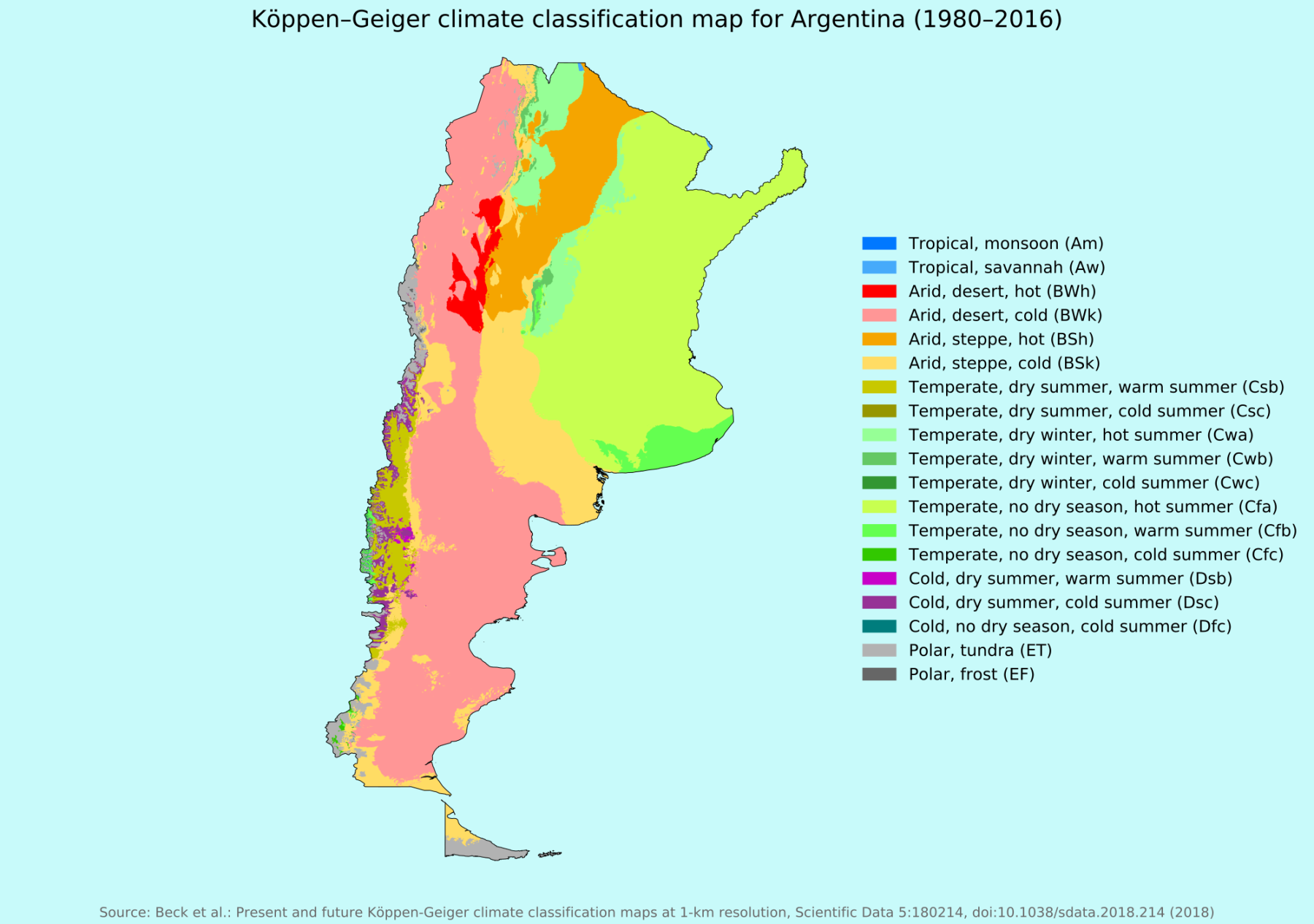 Köppen–Geiger climate classification map for Argentina (1980-2016)
